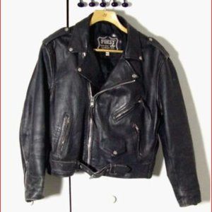 Vtg Distress Black First Genuine Leather Motorcycle Biker Jacket Sz 48 /L